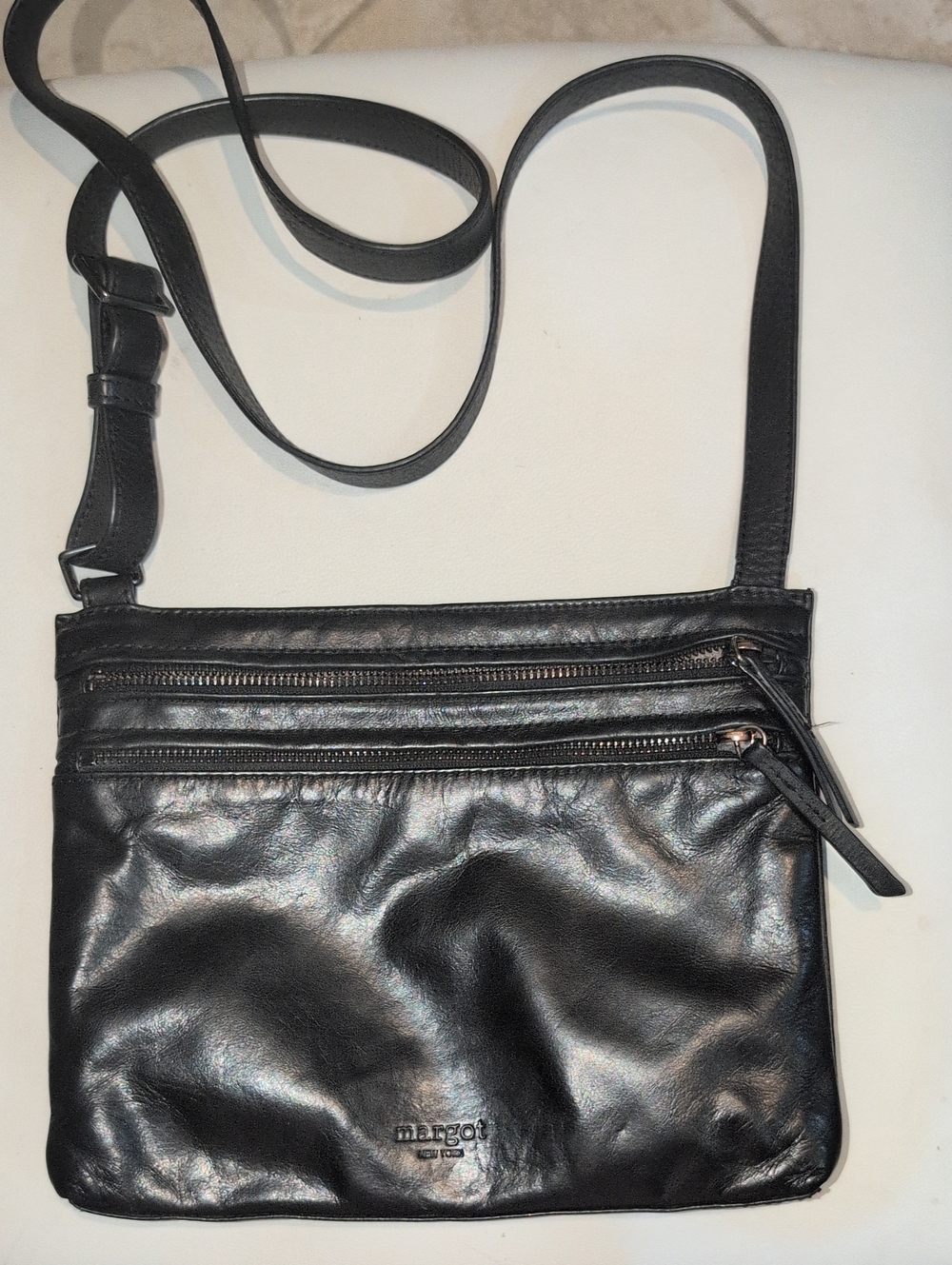 Margot Black Leather Crossbody with Dual Zip Fronts
